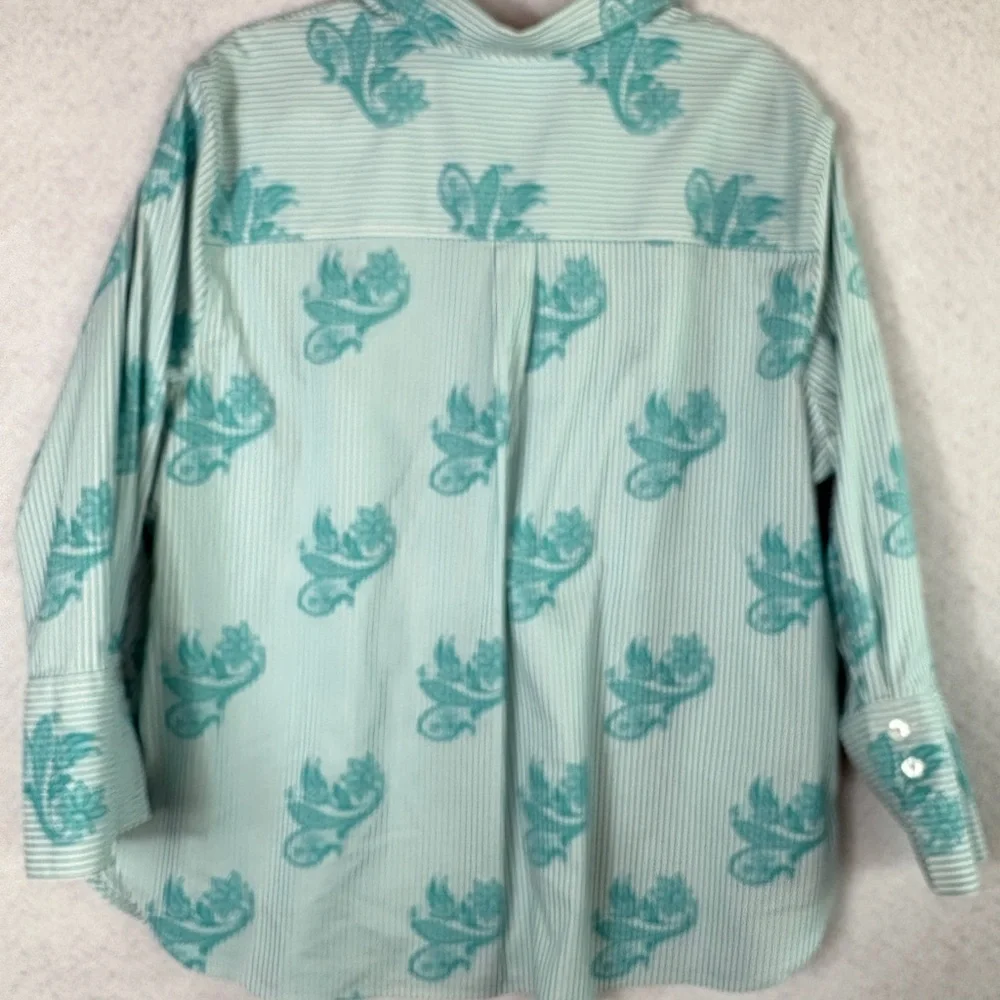 Chico's Teal and White Striped Shirt with Floral Accent